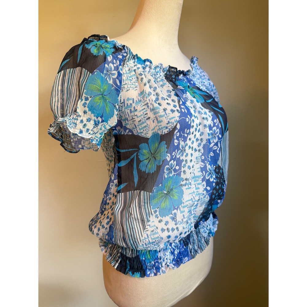 Y2K cottage boho Blue Floral Patchwork Smocked Off Should Blouse S dainty whimsi
